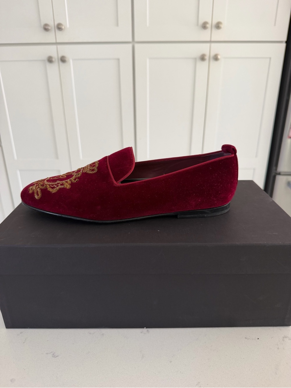 Dolce & Gabbana Red Velvet Moccasins with Gold Embroidered Crest